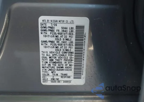 2009 Nissan Murano Sl z USA, uszkodzony, nr VIN JN8AZ18U89W104208